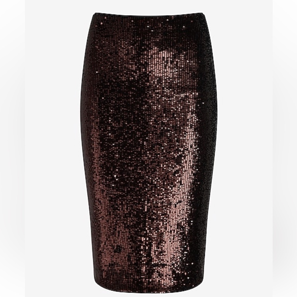 NWT Express XL High Waisted Bronze Midi Sequins Pencil Skirt - Picture 2 of 5